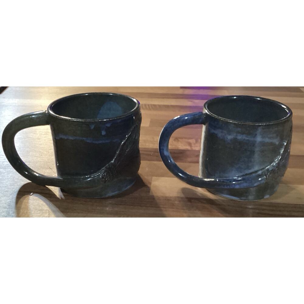 Set Of 2 Vintage Handmade Art Pottery Coffee Mugs Cups Whale Tail Blue